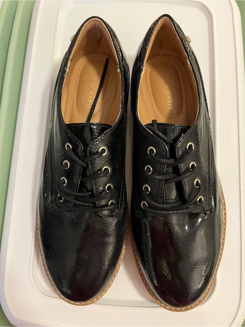 Kelly & Katie Black Patent Lace-Up Derby Oxfords with Tan Sole